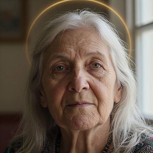 Close-up photograph of an elderly woman with long white hair, a golden halo, wrinkled skin, and a serene expression, softly lit by natural light