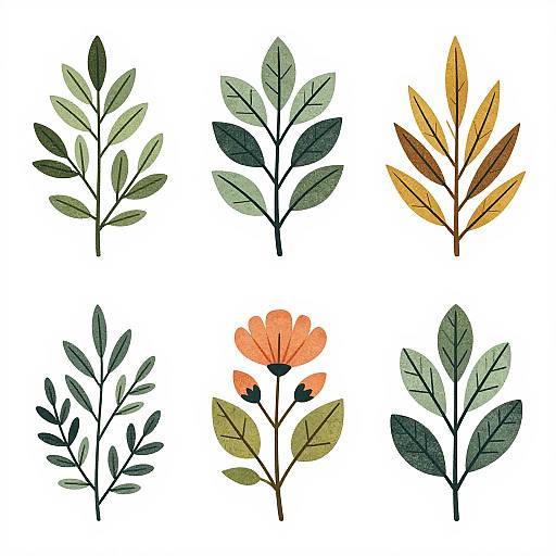 Digital illustration of six distinct leafy plants: three green, one orange flower, one yellow, and one blue-green, arranged in a 3x