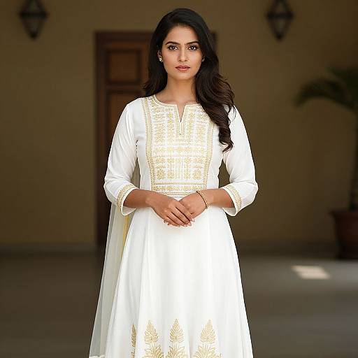 Photograph of an Indian woman with long black hair, wearing a white, long-sleeved embroidered kurta and white dupatta, standing indoors against