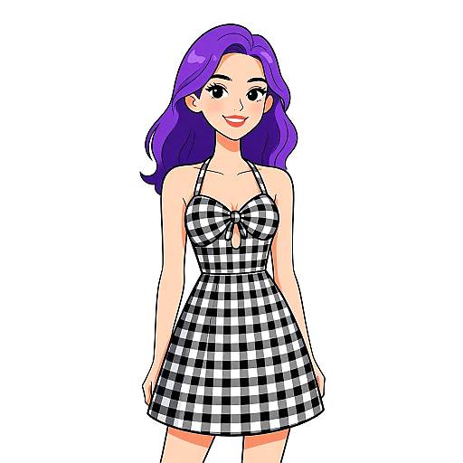 Digital drawing of a smiling woman with purple hair, wearing a black and white checkered halter dress, against a white background.
