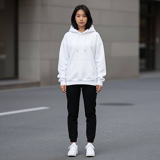 Photograph of an Asian woman with long black hair, wearing a white hoodie, black pants, and white sneakers, standing on a city street.