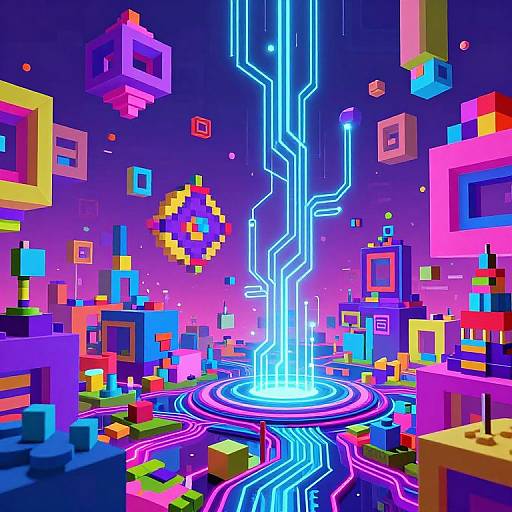 Vibrant digital artwork featuring neon blue circuit lines descending into a glowing center, surrounded by colorful floating cubes and frames against a purple backdrop. Retro pixel