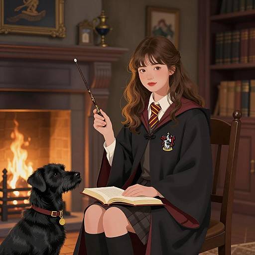 Hogwarts Ravenclaw Student with Magic Wand and Dog