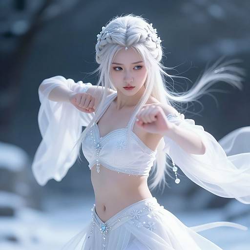 Digital CGI of a pale-skinned, white-haired fairy-like woman in a shimmering white outfit, poised in a defensive martial arts stance, with glowing