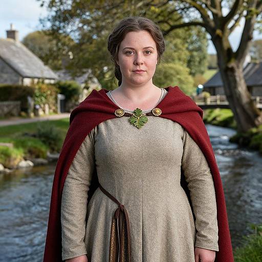 Photograph of a fair-skinned woman with brown hair, wearing a medieval-style grey dress and red cape with green brooch, standing in a serene