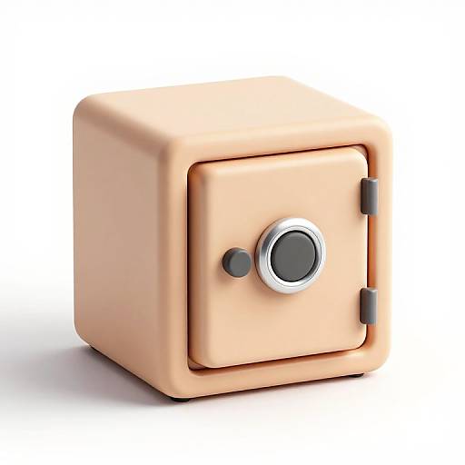 Digital illustration of a small, beige, cube-shaped safe with a round black and silver combination lock, and black lever handle.
