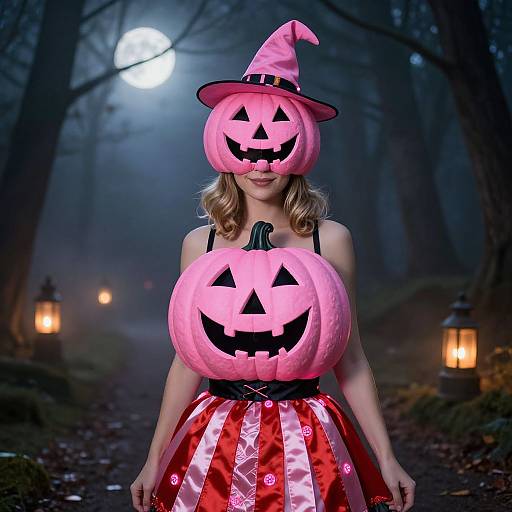 Photograph of a woman in a forest at night, wearing a pink witch hat and two oversized jack-o'-lantern masks, with a red and