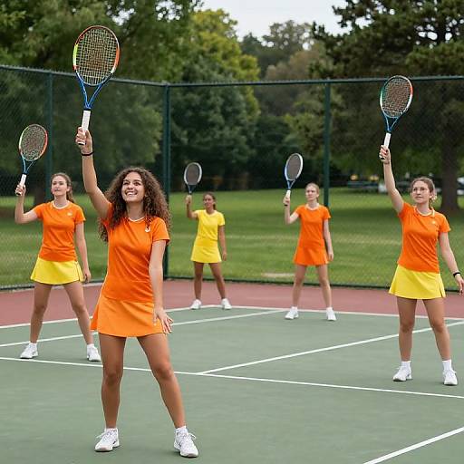 Photograph of five young women on a tennis court, all wearing orange and yellow athletic dresses, raising their rackets in celebration. Background features green trees