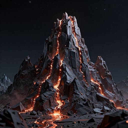 CGI image of a towering, jagged mountain peak with glowing, molten lava flows cascading down its dark, rocky surface under a starry