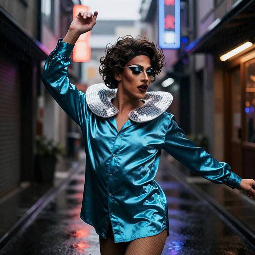 Teal Satin Disco Drag in Neon Alley