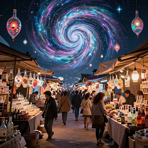 Photograph of a night market with colorful, swirling starry sky backdrop, illuminated stalls, hanging lanterns, and bustling shoppers.