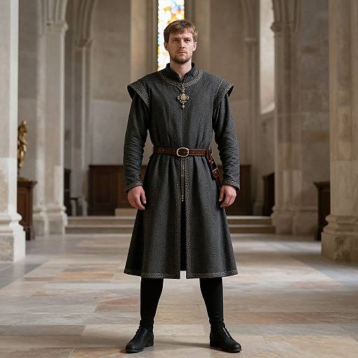 Photograph of a tall, bearded man in a medieval-style black tunic with embroidered details, brown belt, and black boots, standing in a