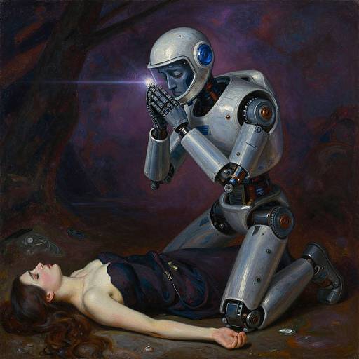 Digital painting: Silver robot with glowing eyes kneels over unconscious woman with long brown hair, wearing black dress, in dark, dimly lit room.