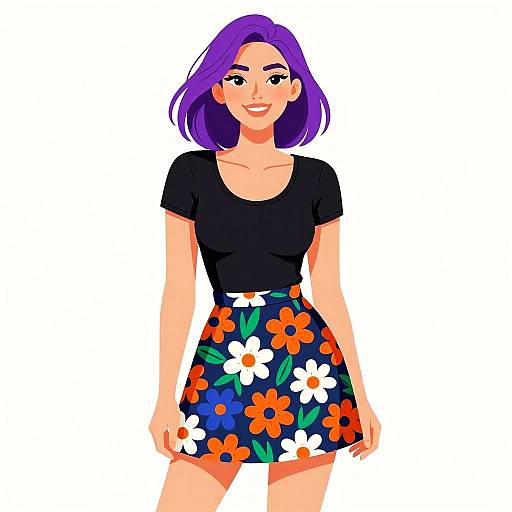 Digital illustration of a smiling woman with purple hair, wearing a black crop top and a blue floral skirt, standing against a white background.