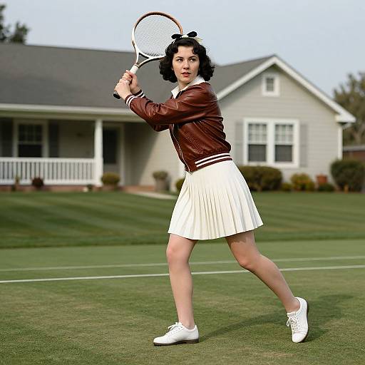Photograph of a young woman with short black curly hair, wearing a brown leather jacket, white pleated skirt, white sneakers, and holding a tennis
