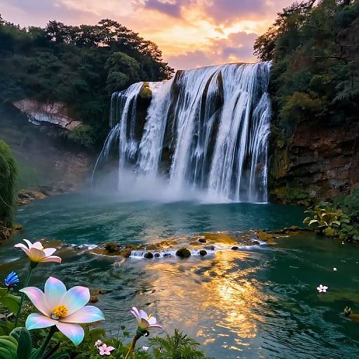 Photograph of a cascading waterfall at sunset, surrounded by lush greenery, with white lotus flowers in the foreground and reflections on the water.