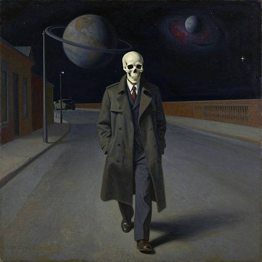 Digital painting: A skull wearing a dark gray overcoat and suit walks down a deserted, moonlit street with planets in the night sky.