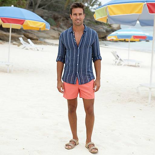Photograph of a man with short brown hair, wearing a blue striped shirt, orange shorts, and sandals, standing on a sunny beach with colorful umb