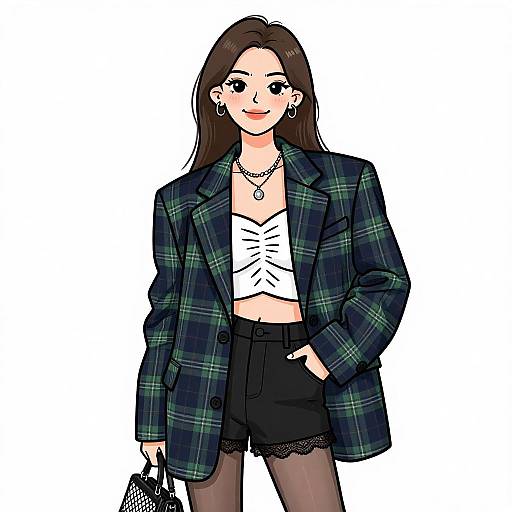 Digital illustration of a smiling woman with long brown hair, wearing a green plaid blazer, white crop top, black shorts, lace-trimmed