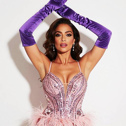 Photograph of a glamorous woman with tan skin, dark wavy hair, wearing a pink sequined dress, and purple velvet gloves, arms raised,