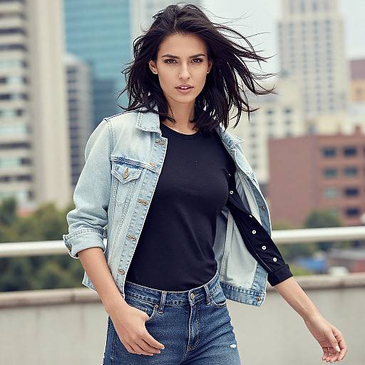 Photograph of a young woman with medium-length black hair, wearing a light blue denim jacket, black top, and blue jeans, walking against a blurred