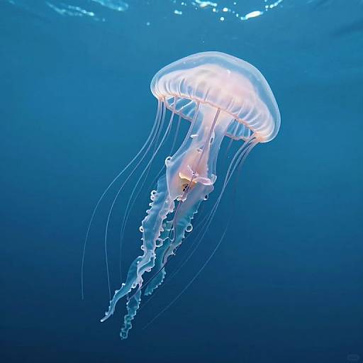 Photograph of a glowing, translucent jellyfish with long, wavy tentacles floating in deep blue underwater darkness, illuminated by soft, white light from