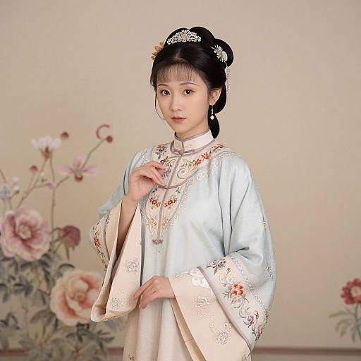 Digital rendering of an Asian woman in traditional light blue silk kimono with floral embroidery, black hair in a bun, floral headpiece, standing in a