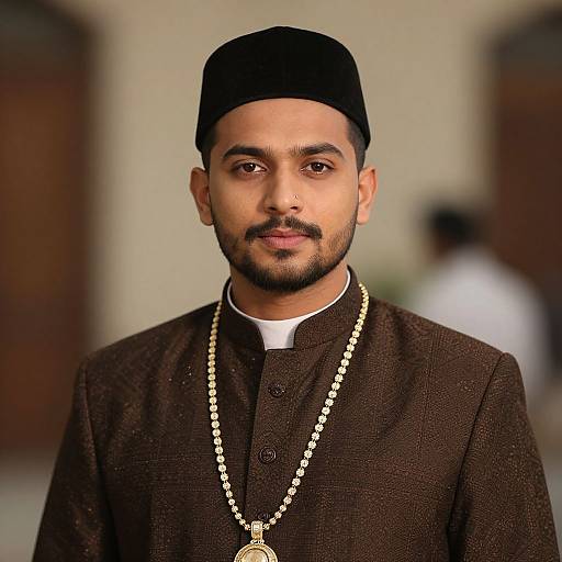 Photograph of a young South Asian man with medium brown skin, black mustache, wearing a black cap, brown traditional shirt, and gold necklace,