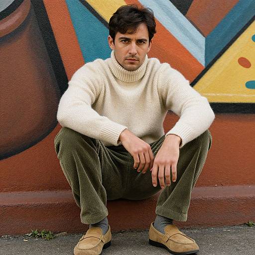 Photograph of a young man with dark hair, wearing a white sweater, olive pants, and beige loafers, squatting against a colorful graffiti wall