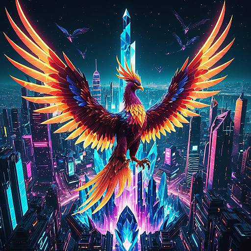 Giant Crystal Phoenix Over Neon Futuristic City