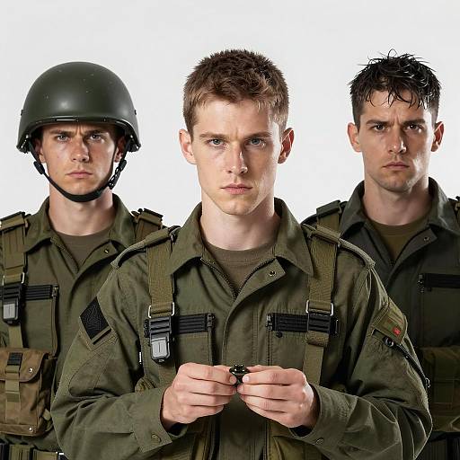 Three Soldiers in Intense Military Scene