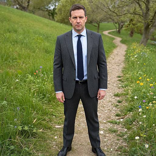 Photograph of a serious-looking man in a black pinstripe suit, white shirt, and black tie standing on a gravel path in a lush,