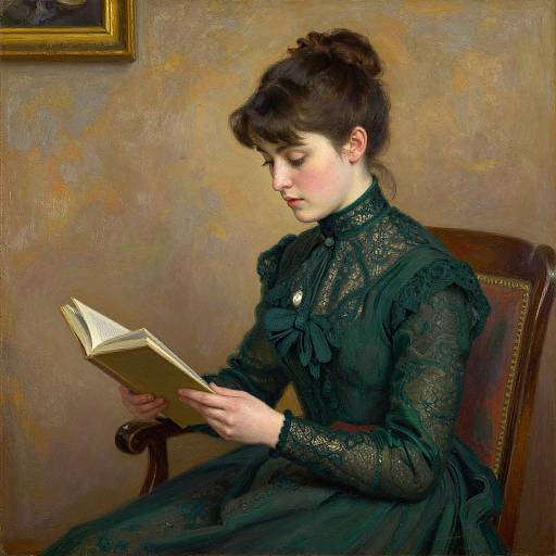 Photorealistic painting of a pale-skinned woman with dark brown hair in an elaborate black Victorian dress, sitting and reading a book, against a textured