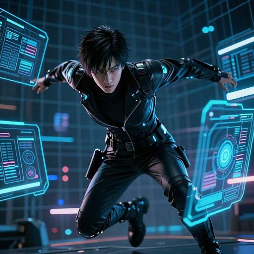 Digital CGI of a black-haired, intense male hacker in a black leather outfit, crouching amidst glowing blue holographic interfaces in a neon-lit