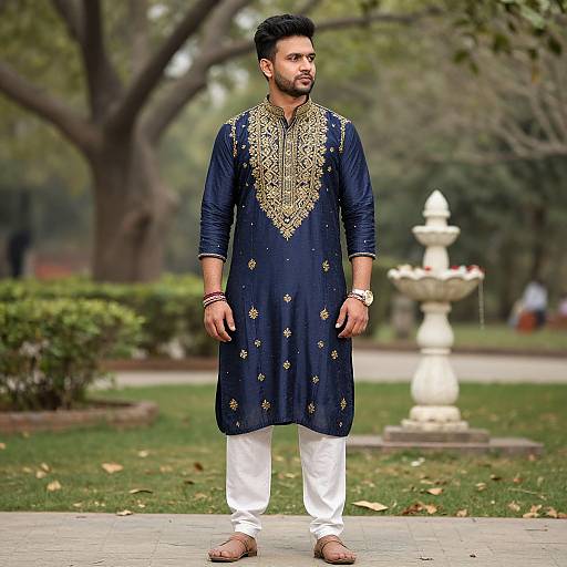 Man in Blue Gold Engagement Kurta