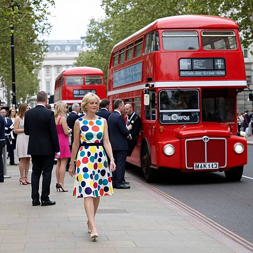 Photograph of a blonde woman in a colorful polka dot dress walking on a London street with two red double-decker buses. People in suits and
