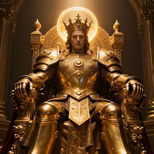 Photorealistic digital image of a golden-armored king with a crown, sitting on an ornate throne, halo glowing behind his head.