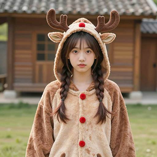 Realistic Young Girl in Reindeer Costume