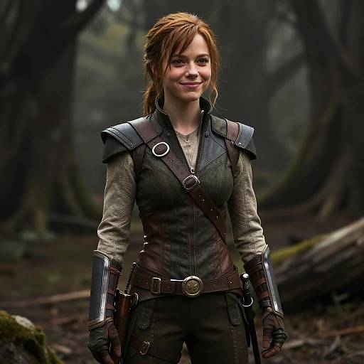 Digital artwork of a smiling, brown-haired woman in medieval forest attire, featuring dark leather armor and gloves, with a blurred, misty forest background.