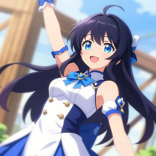 Anime-style digital illustration of a cheerful girl with long black hair, blue eyes, and a white and blue dress, raising her arm against a bright,