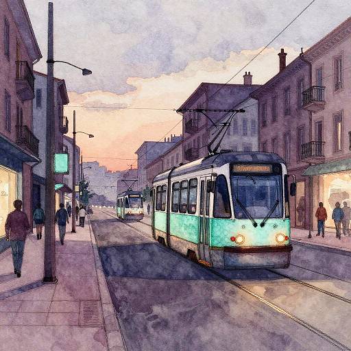 Watercolor Urban Tram Street at Dusk