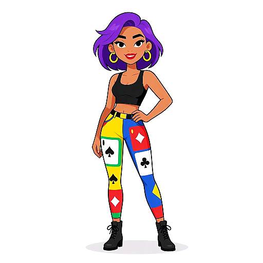 Digital cartoon of a confident woman with purple hair, black crop top, colorful patterned leggings, black boots, and gold hoop earrings.