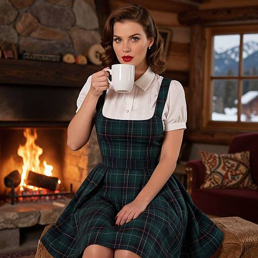 Photograph of a fair-skinned woman with red lipstick, dark wavy hair, wearing a green plaid dress over a white blouse, sitting by