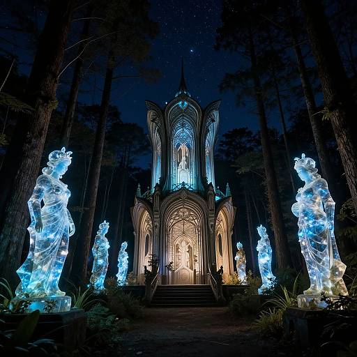 Photograph of a glowing, illuminated Gothic-style chapel at night, surrounded by blue and white ethereal statue figures in a dark forest.