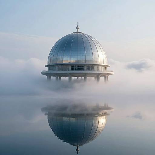Photograph of a glass dome building with a silver roof, surrounded by mist, reflected perfectly in a calm, still water surface.