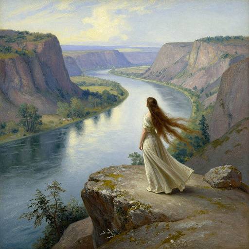 Digital painting of a long-haired woman in a flowing white dress standing on a cliff, gazing at a sunlit, winding river between steep, green