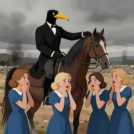 Surreal Bird-Headed Rider with Frightened Women