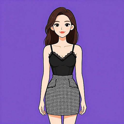 Digital anime-style drawing of a fair-skinned woman with straight brown hair, wearing a black lace-trimmed camisole and black-and-white h