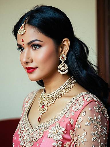 Indian Bride in Pink Embroidered Dress and Jewelry