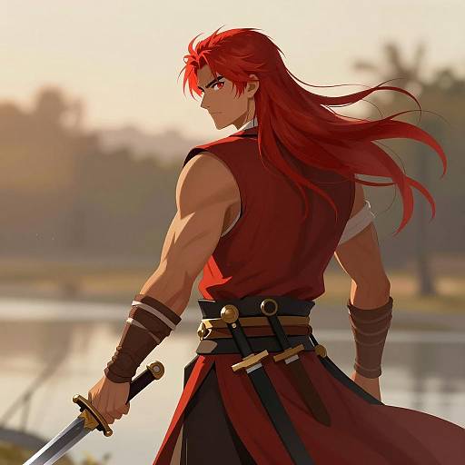 Red-Haired Male Warrior with Sword at Sunset